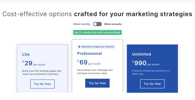 screenshot of landing monthly pricing
