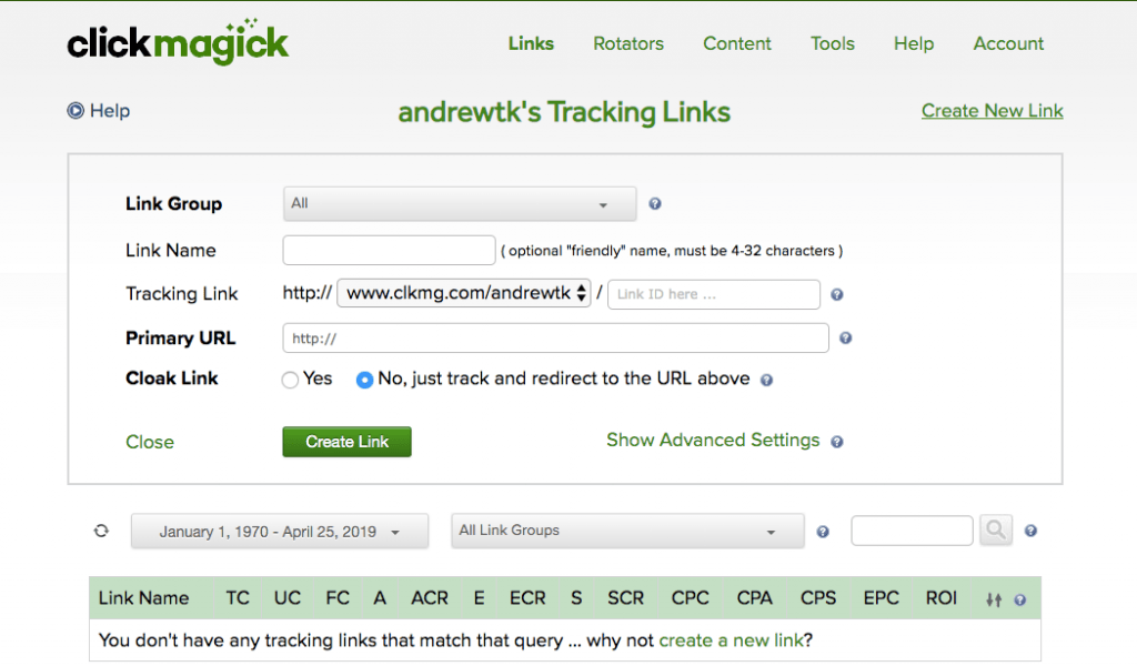 clickmagick screenshot create new link