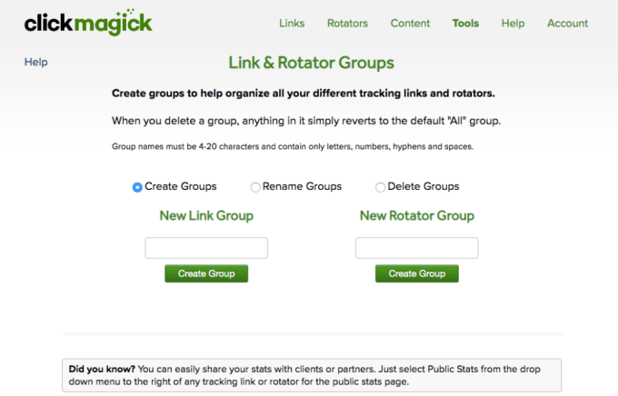 screenshot create clickmagick link groups