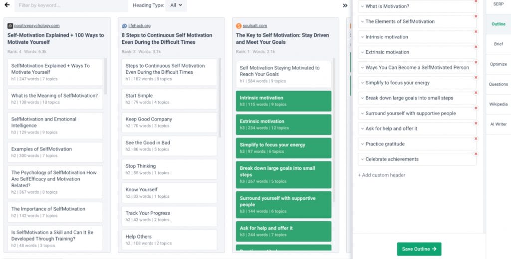 example of frase.io content outline