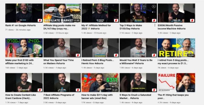 screenshot of fifteen video thumbnails from adam enfroy's youtube channel about blogging