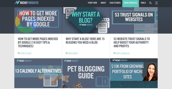 screenshot of niche pursuits affiliate blog menu page