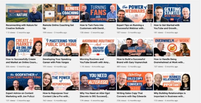 screenshot of fifteen video thumbnails from chris ducker's blogging youtube channel