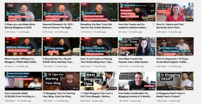 youtube channels for bloggers screenshot of fifteen video thumbnails from create and go's channel