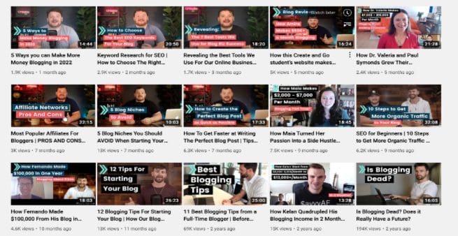 youtube channels for bloggers screenshot of fifteen video thumbnails from create and go's channel