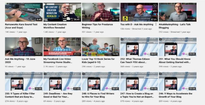 screenshot of fifteen video thumbnails from darren rowse's youtube channel