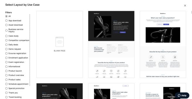 instapage select to build new page from scratch or with template