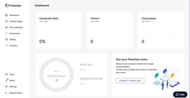 instapage dashboard interface for new user