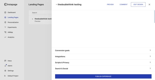 setting up a new page with instapage screenshot