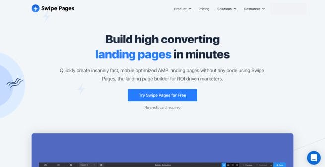 screenshot of swipe pages cheap landing page builder homepage