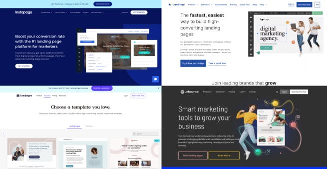 four landing page builder website homepages melded together