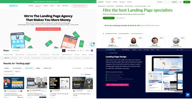 four landing page designer homepages melded together