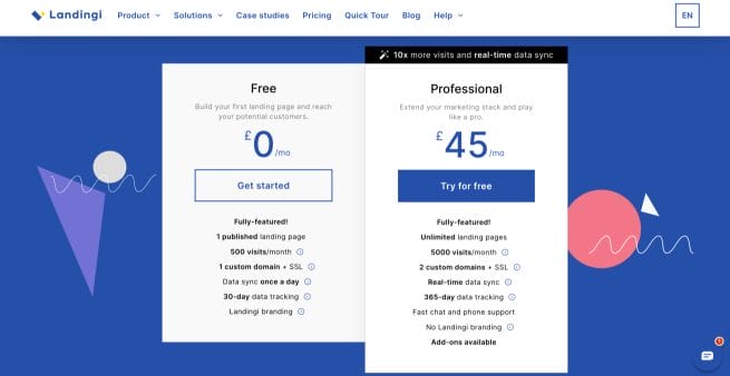 screenshot of landingi pricing page showing two plan options