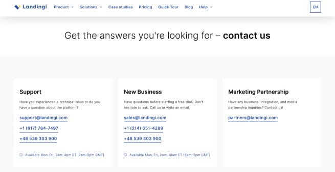 screenshot of basic webpage about landingi support function with contact details