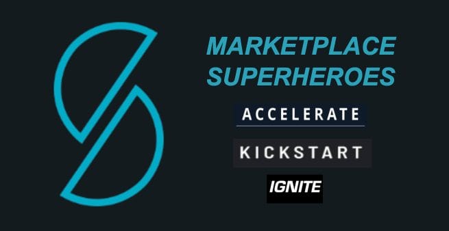marketplace superheroes review courses in blue text on black background